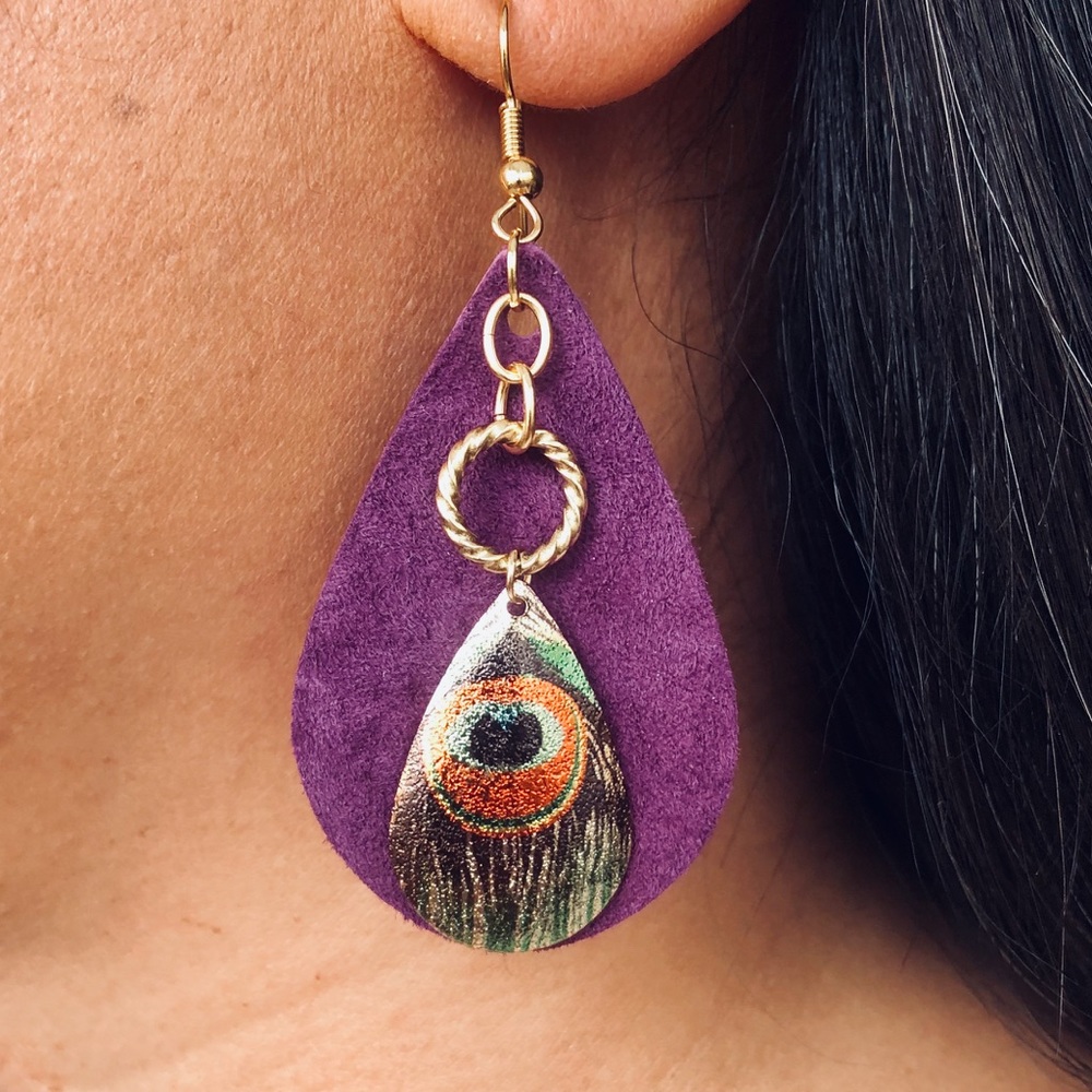 Handmade Peacock leather earrings